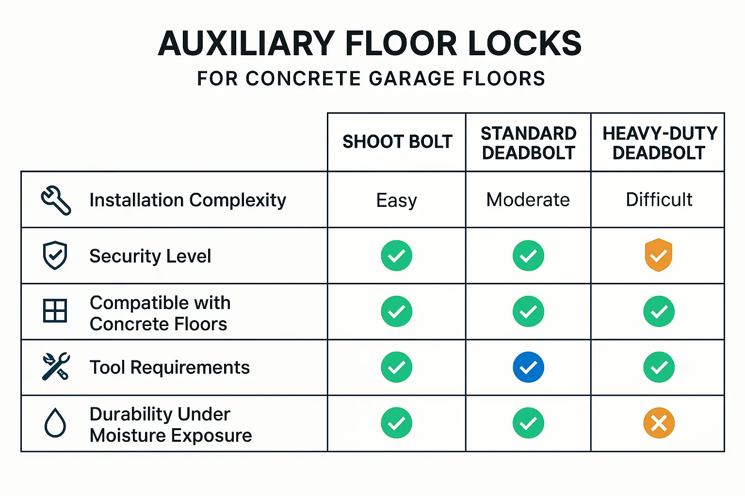 A comparison table showing different types of garage door floor locks, including slide bolts and keyed deadbolts, with icons for security level, installation difficulty, and ease of use, helping homeowners choose the best option for their concrete garage.