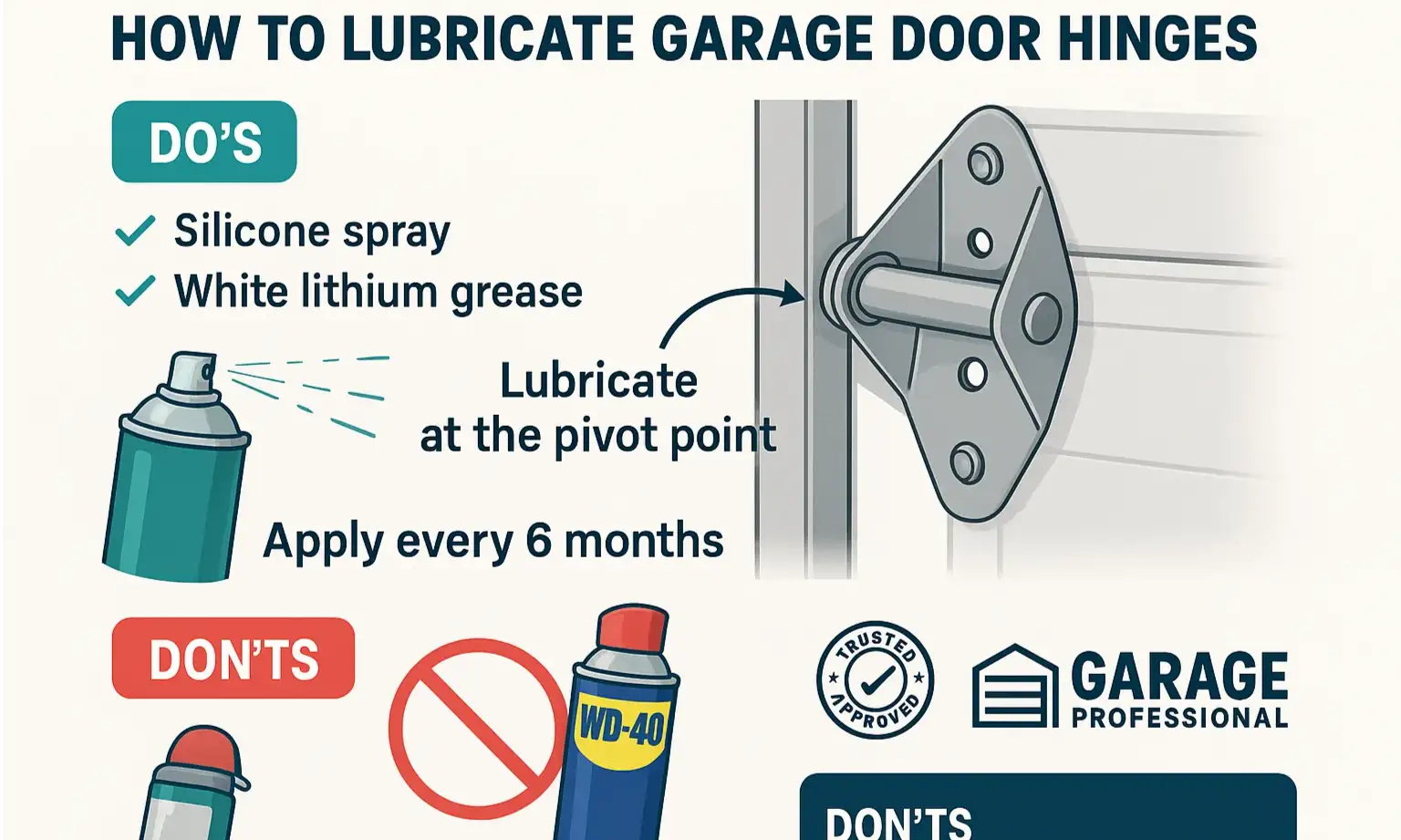 An image demonstrating the correct way to apply lubricant to a garage door hinge pivot point.