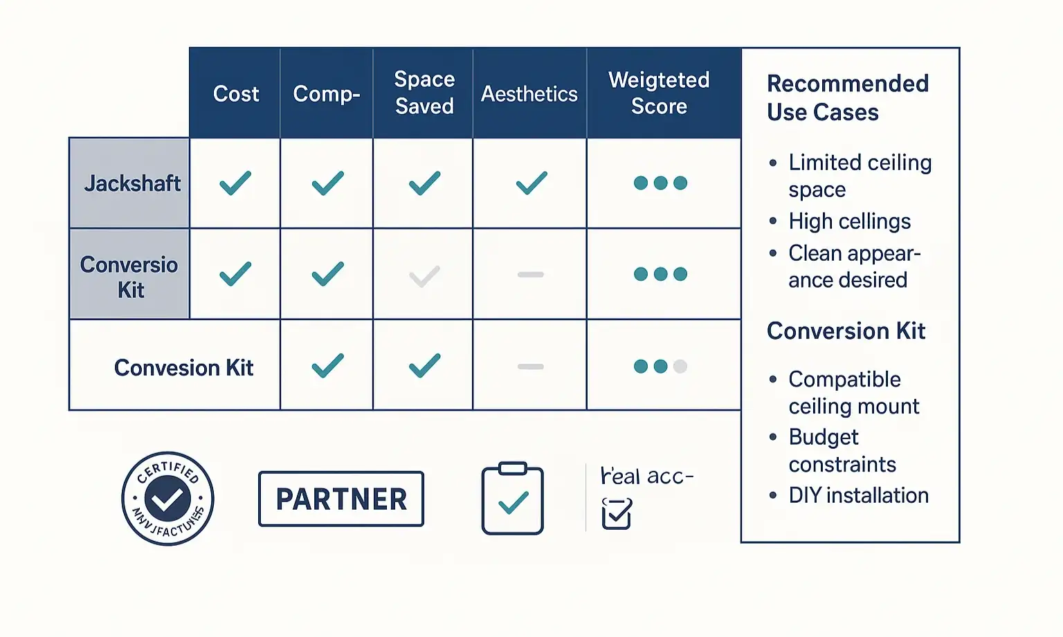 Evaluate costs, complexity, and space factors side-by-side with this decision matrix to confidently select your ideal garage door opener.