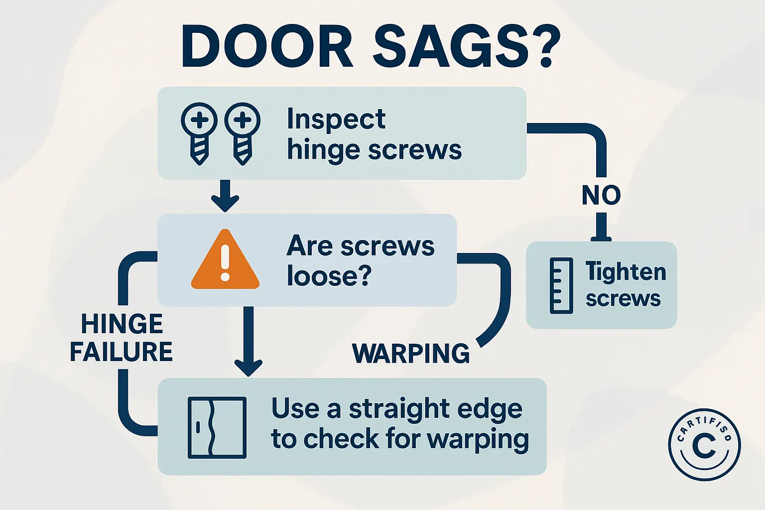 A flowchart guiding the user through the diagnostic process for a sagging door. It starts with 'Check the Gaps.' If the gap is uneven at the top, it directs the user to 'Check Hinges.' If the hinges are loose, the diagnosis is 'Hinge Failure.' If the hinges are tight, it suggests the door may be too heavy. If the gaps are inconsistent all around, it directs the user to perform the 'Straightedge Test.' If the test reveals gaps, the diagnosis is 'Warped Door.' If not, it suggests checking the frame for squareness.