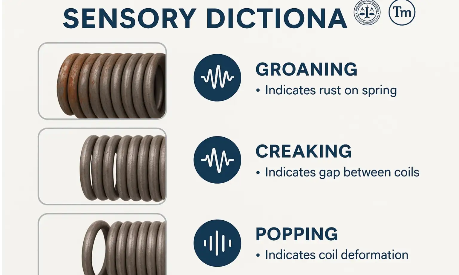 Sensory guide links sounds and visual cues to help spot early spring failure signs.