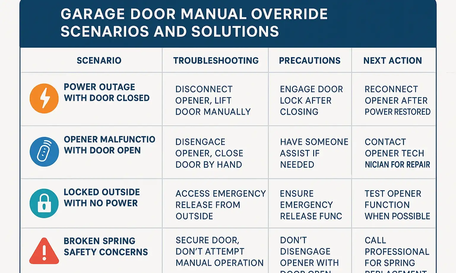 Matrix linking garage issues to actions with safety icons