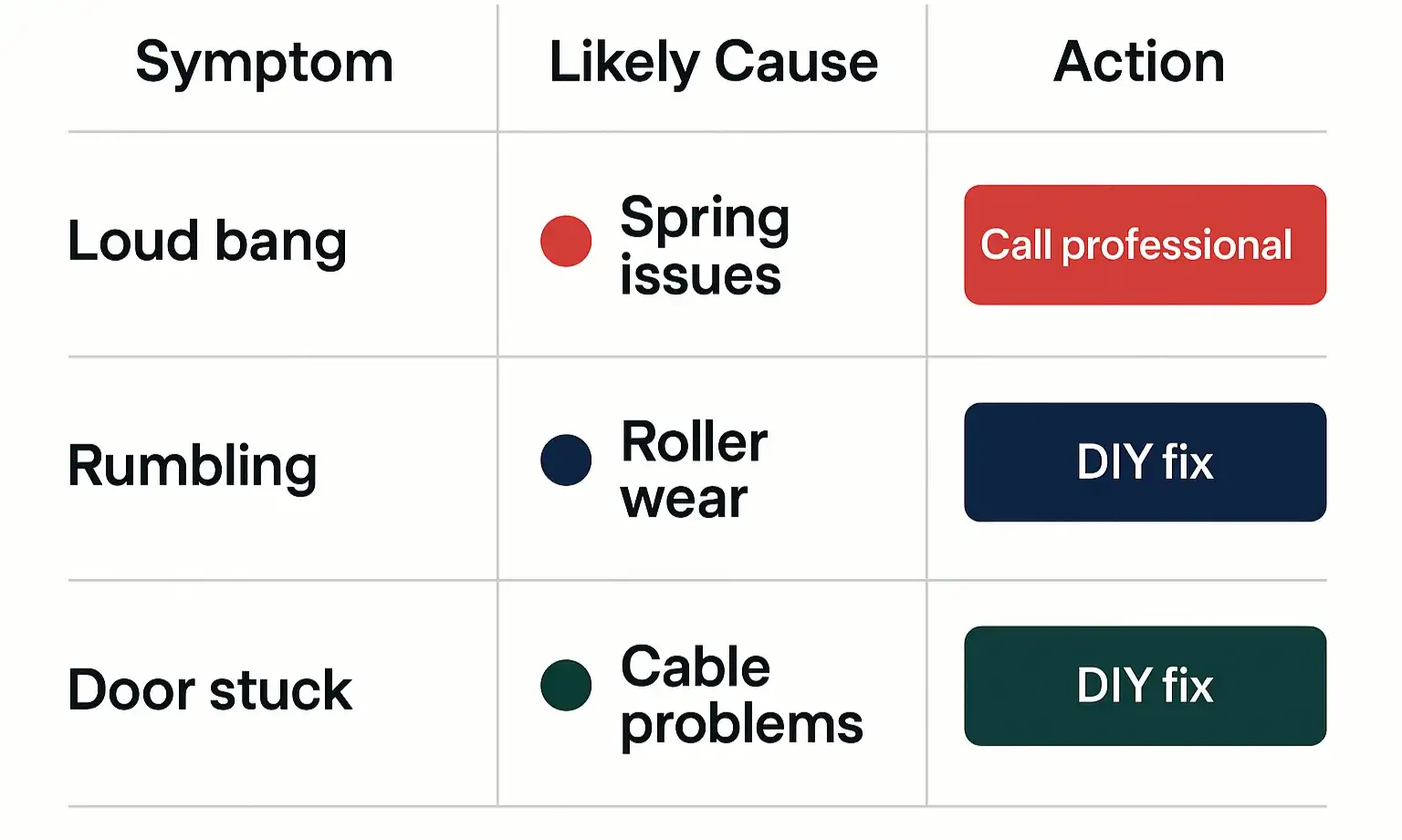 Symptom-to-cause diagnostic matrix simplifying complex garage door issues to support confident repair decisions and safer service calls.