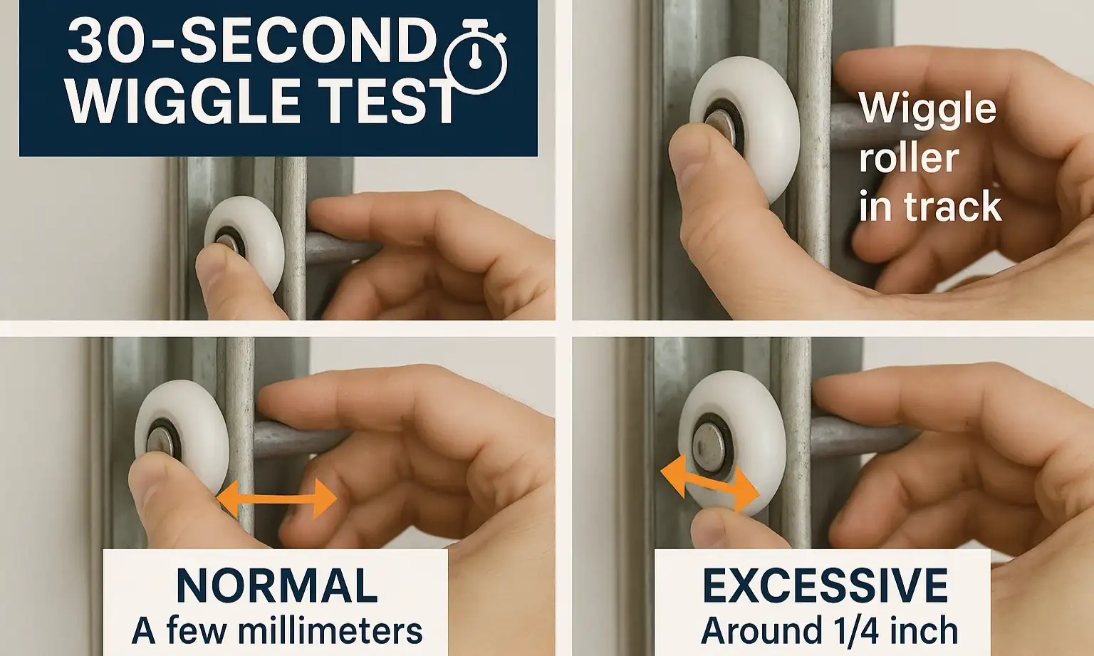 Test garage door rollers for excess play with this quick 30-second wiggle check.