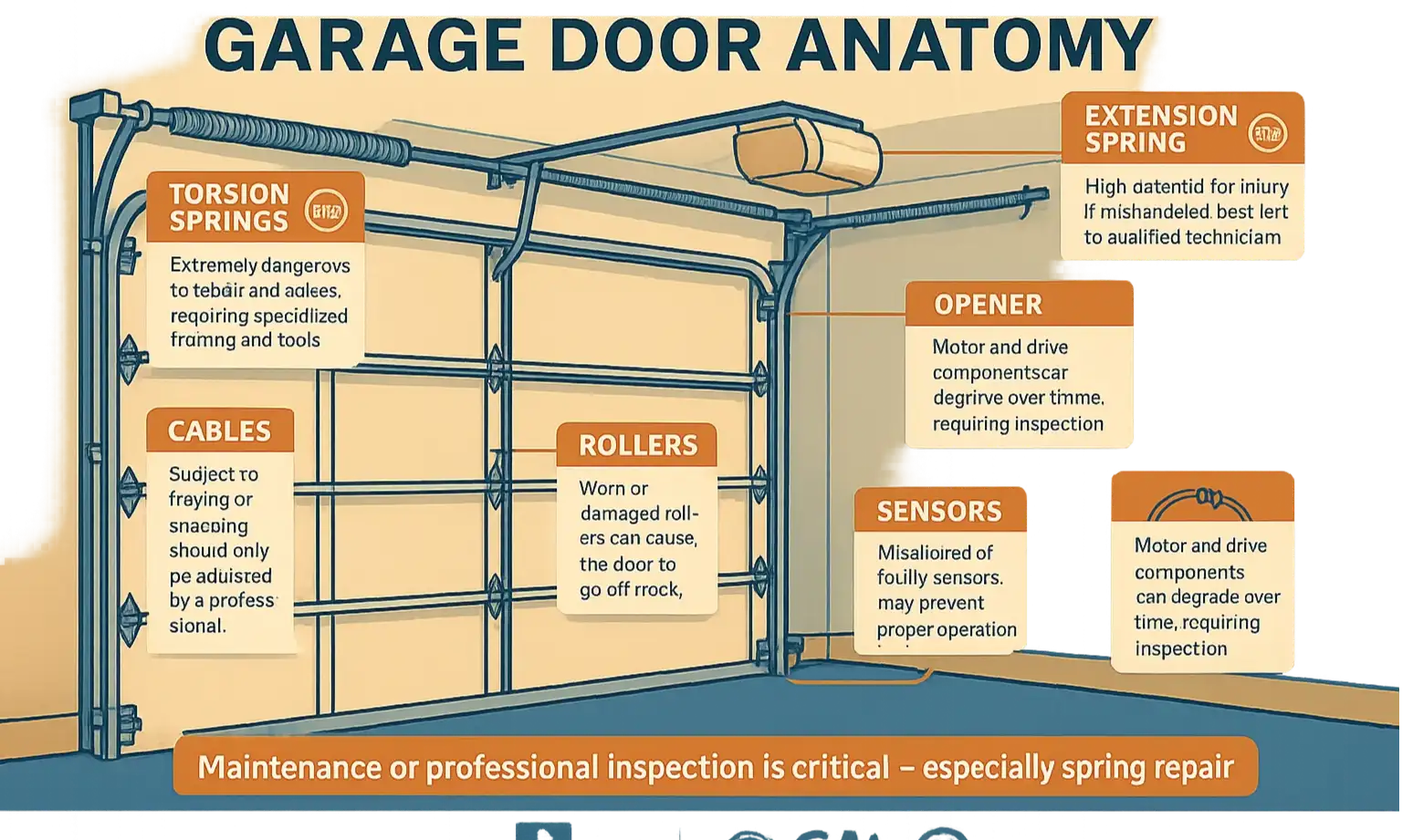 Labeled diagram of a residential garage door showing springs, cables, rollers, tracks, and opener.
