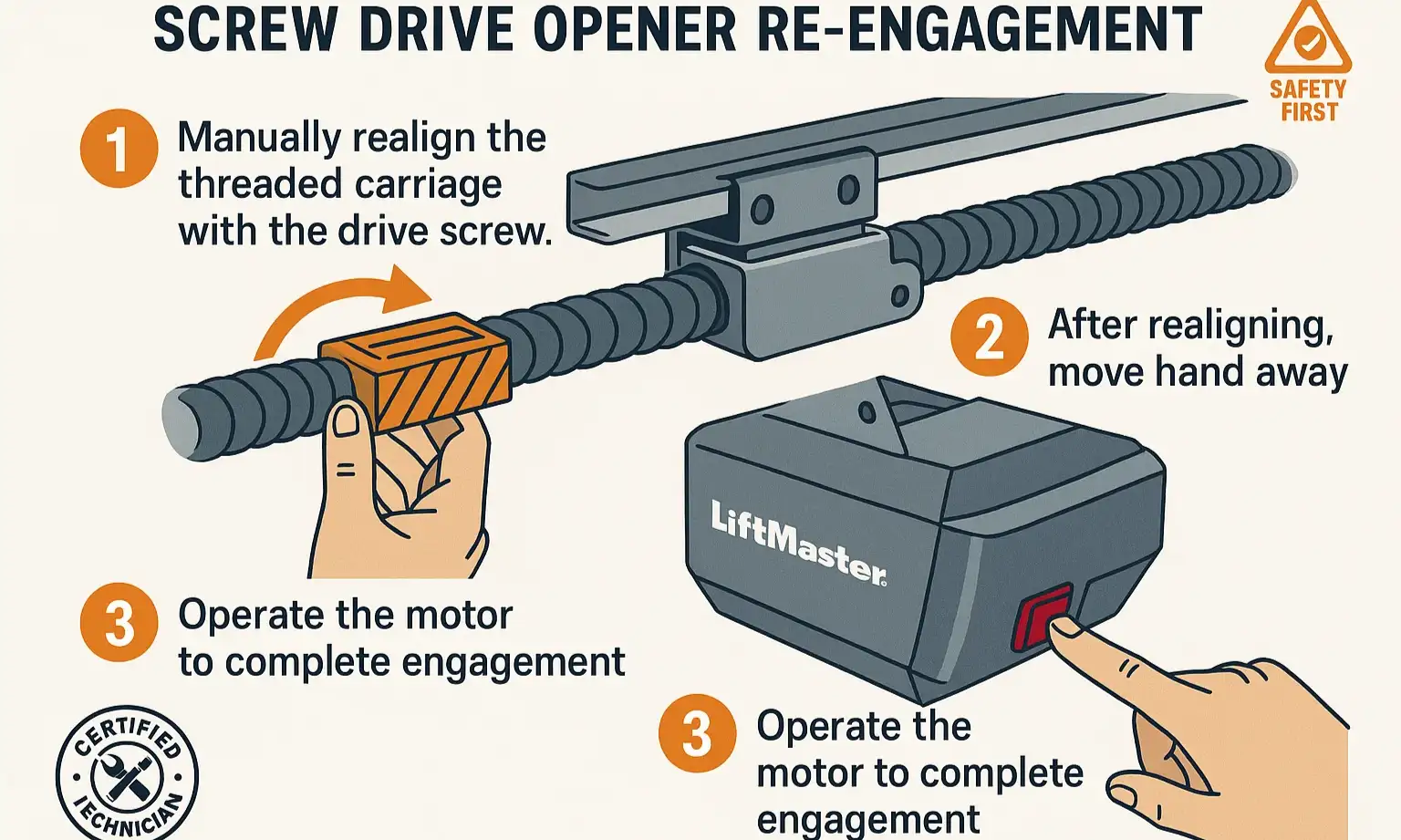 Guide to safely realign a screw drive carriage for smooth, correct re-engagement.