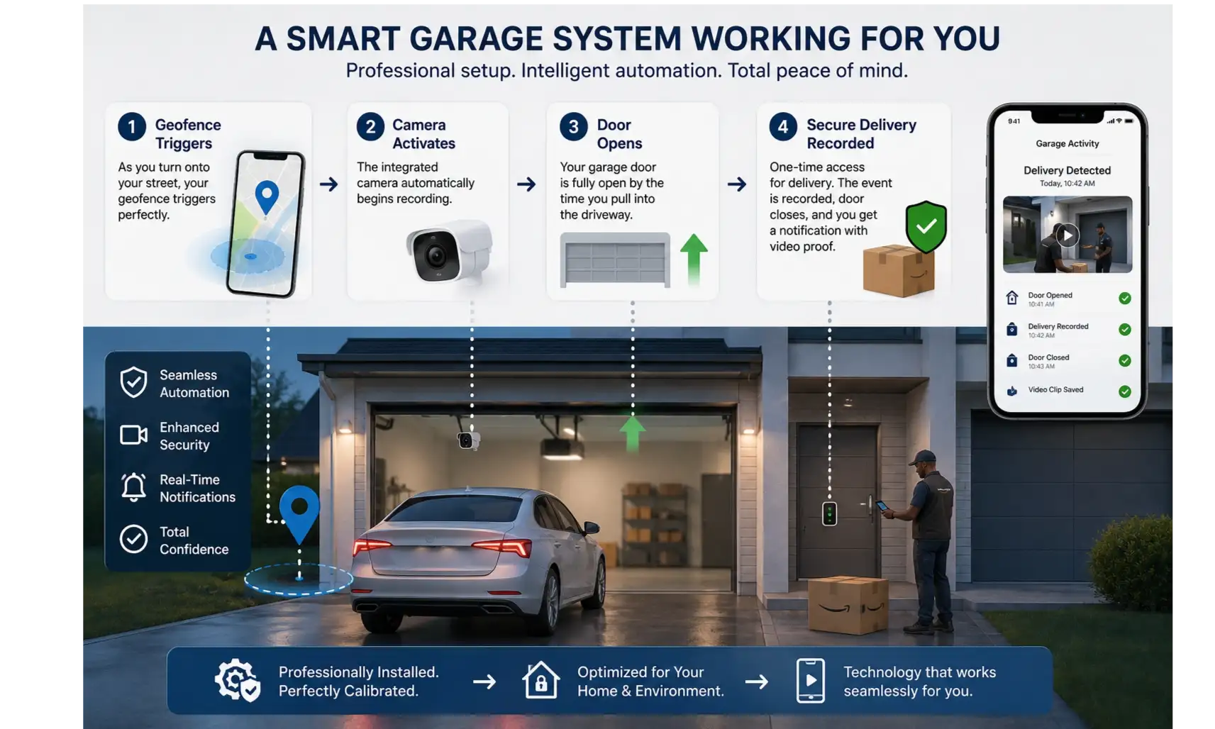 See how a professionally installed smart garage system orchestrates advanced features for a smooth, secure, and confident smart home experience.