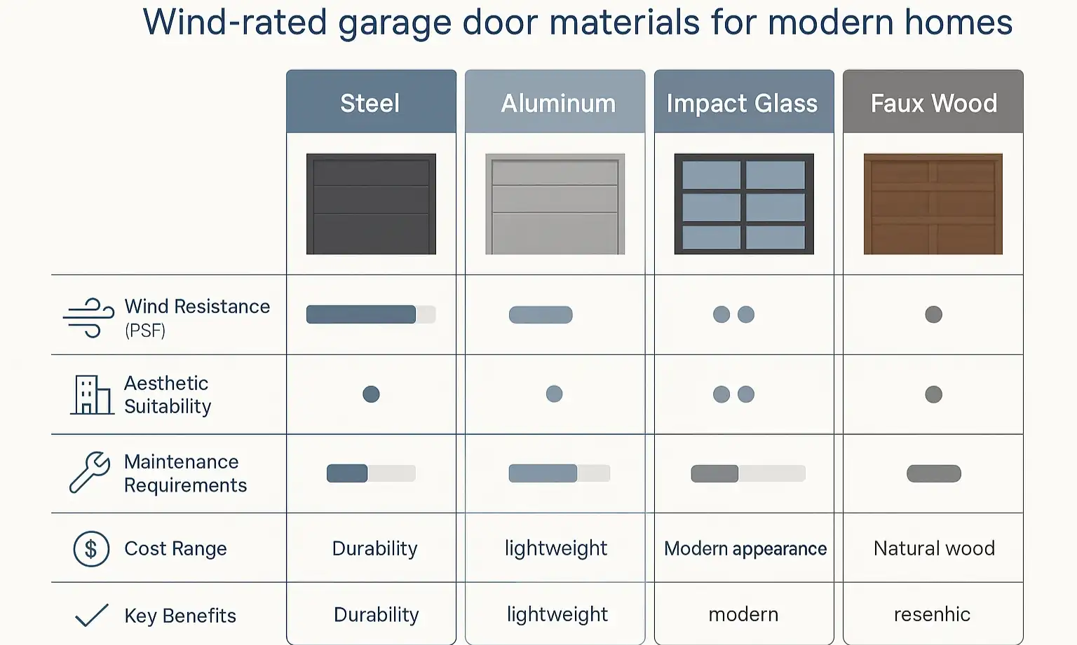 Chart comparing wind-rated garage door materials—steel, aluminum, impact glass/polycarbonate, and faux wood—by pros, cons, and best uses.