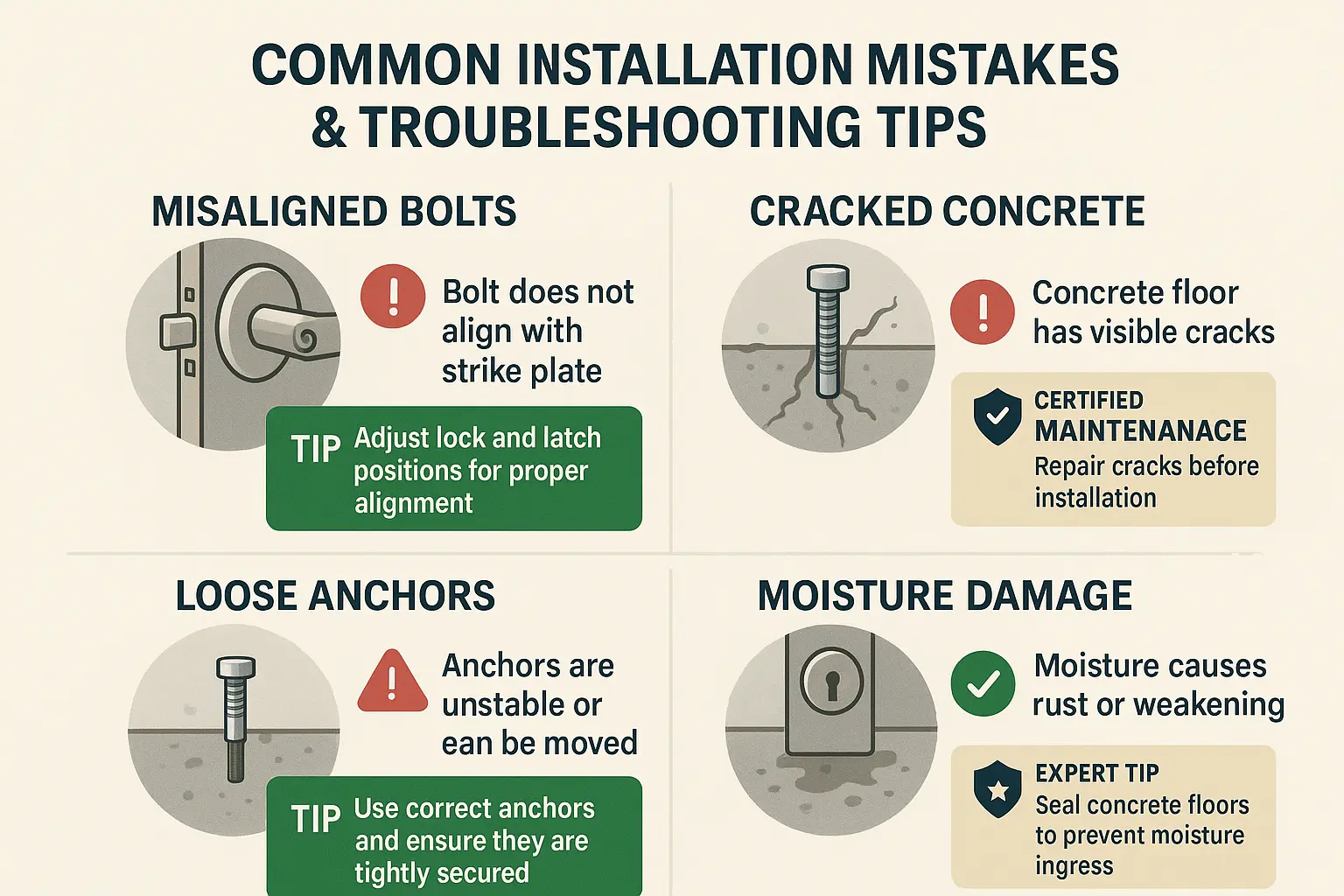 A troubleshooting guide infographic showing common installation mistakes for garage door floor bolts in concrete, like a misaligned bolt, cracked concrete from improper drilling, and a loose anchor, with clear visual solutions for each problem.