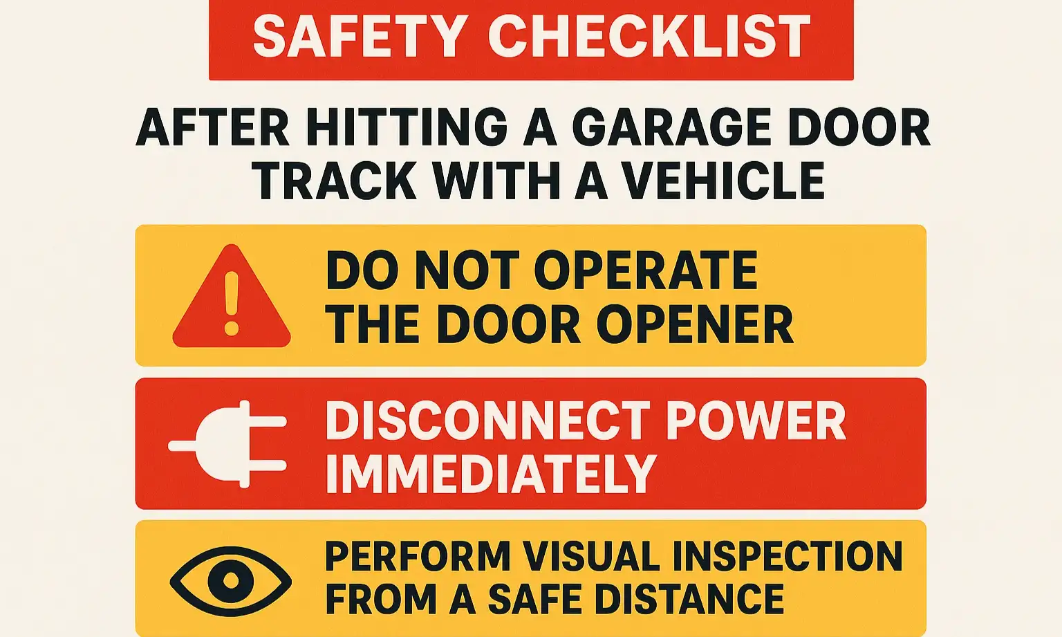 Immediate safety triage: follow three key steps to protect yourself and your garage door before inspecting or repairing.