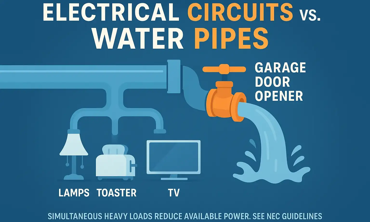 Diagram comparing an electrical circuit to a water pipe, showing why a garage door opener needs a dedicated circuit.