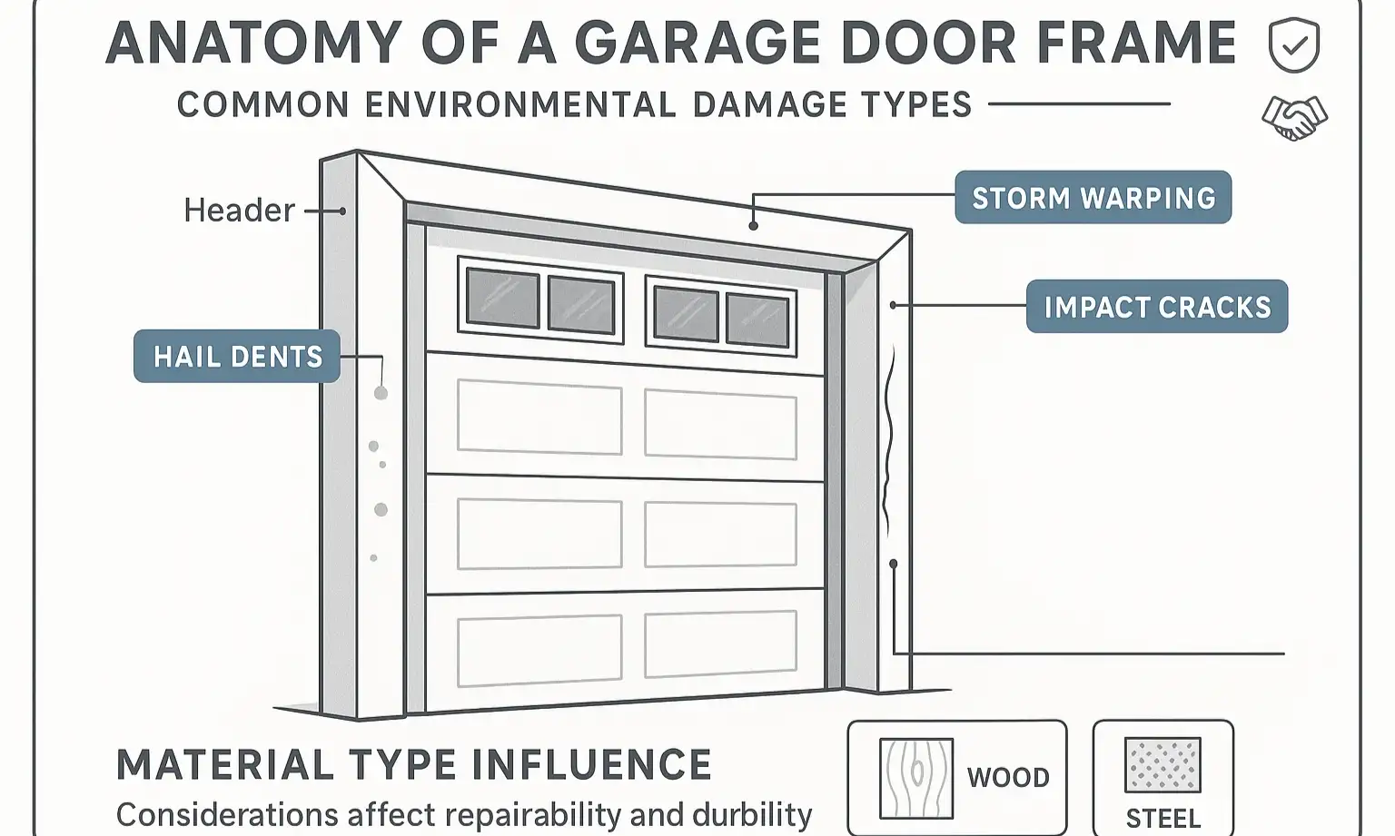 Anatomy of a garage door frame showing the header, side jambs, and materials like wood and steel.