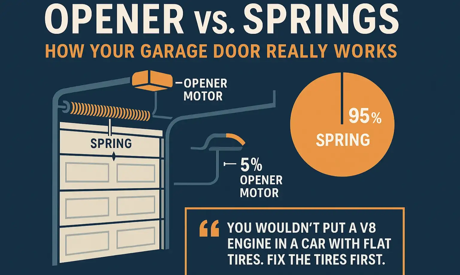 Diagram showing springs lifting the door’s weight while the opener guides it smoothly along the track.