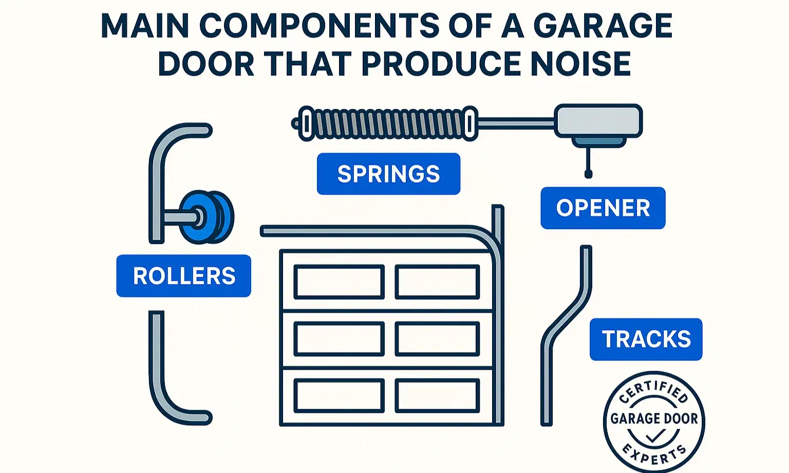 Anatomy diagram of a garage door system showing key components like rollers, springs, tracks, and the opener.