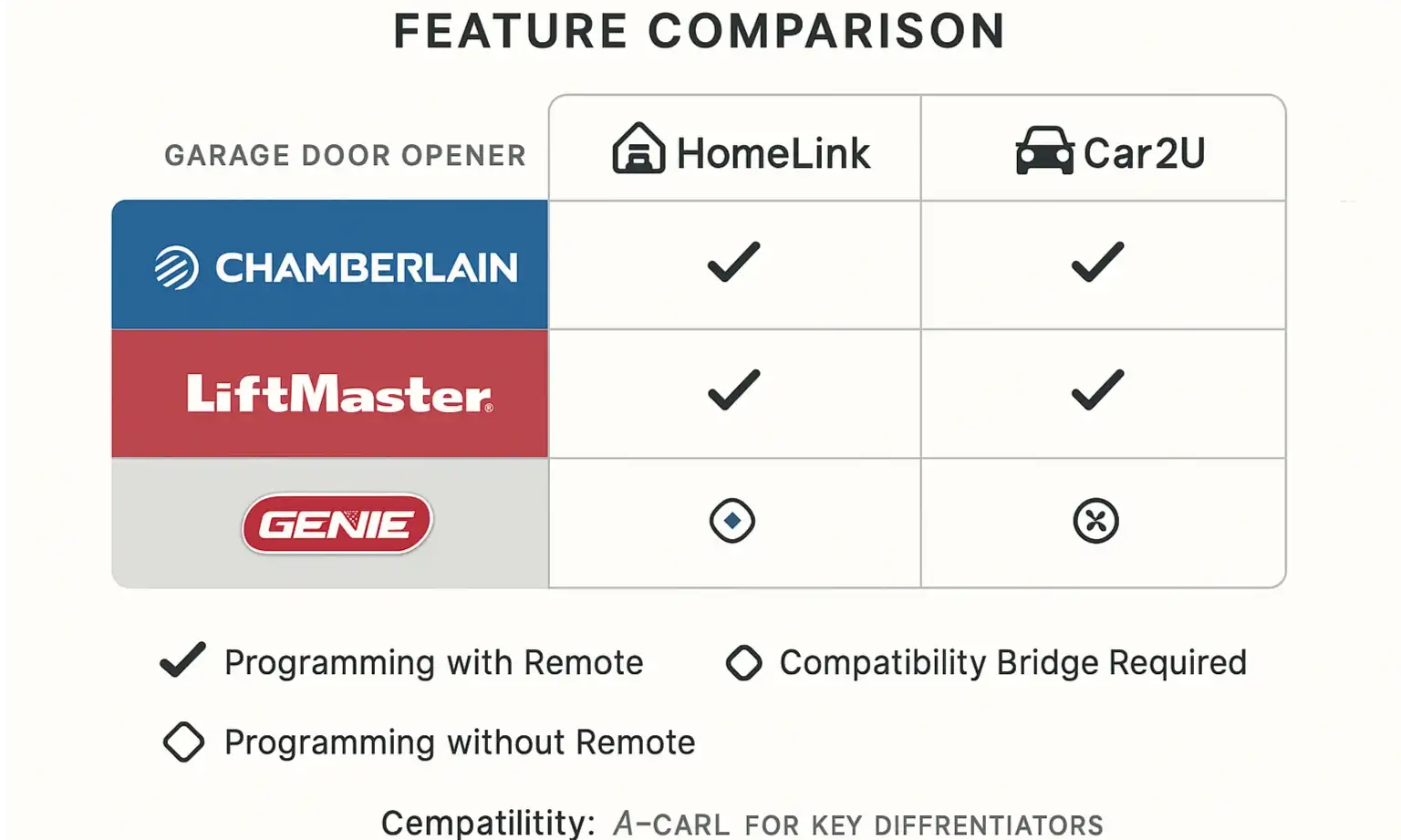 Compare your car and garage door opener compatibility at a glance to choose the best programming method and avoid costly compatibility issues.