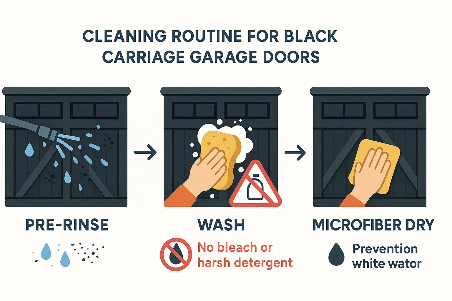 This image helps remember how rust damage appears as orange streaks on black doors and the practical steps to stop it, protecting both aesthetics and door longevity.