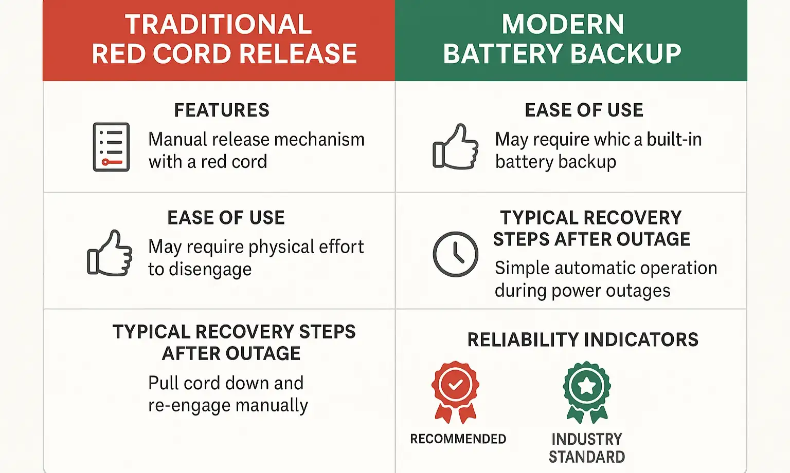 Identify your opener’s release type to choose the best recovery method after a power outage.