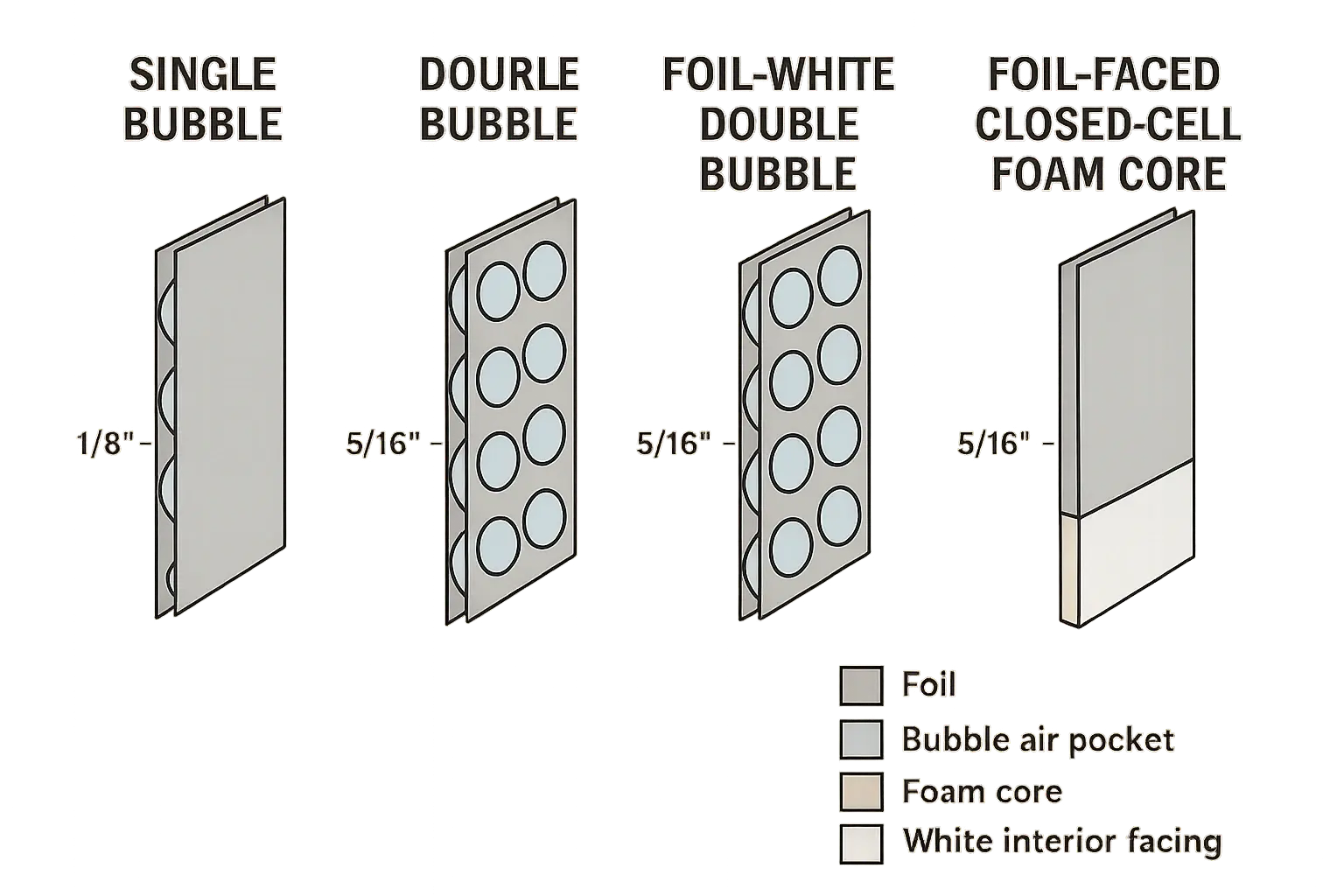 Material Cross-Sections of Reflective Foil Insulation Types for Garage Doors: Bubble layers trap air for insulation, foil reflects radiant heat; foam cores add durability and sound control.