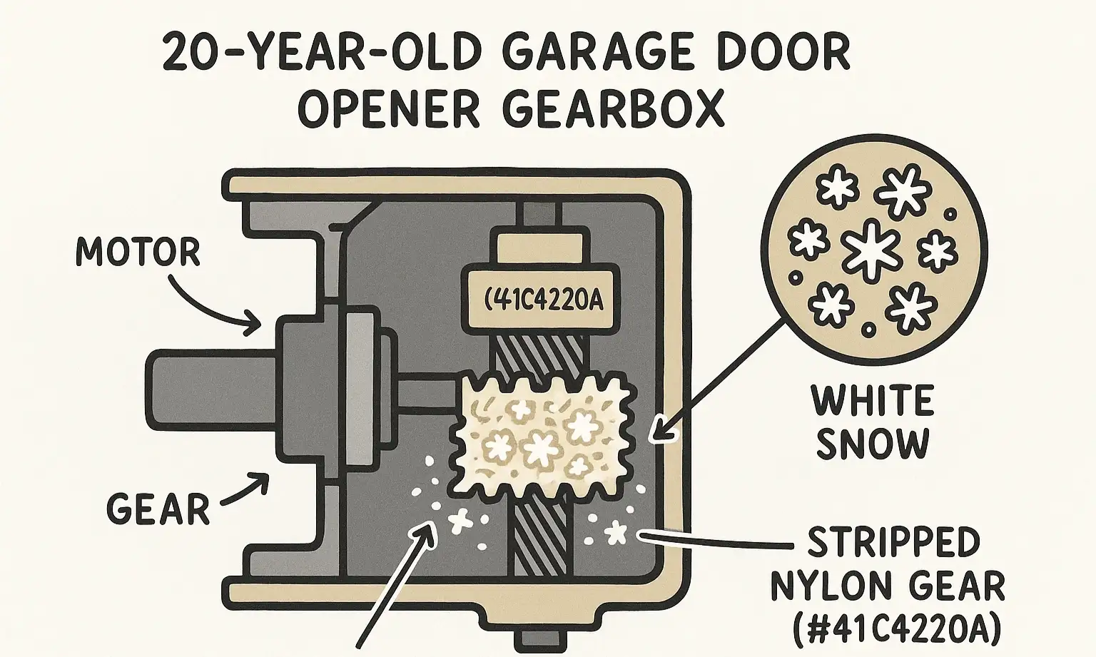 This diagram reveals the classic nylon gear failure inside older garage door openers, showing how white plastic shavings (the 'white snow') inside the gearbox confirm the gear is stripped, a common cause of humming motor noise and door non-lifting issues.
