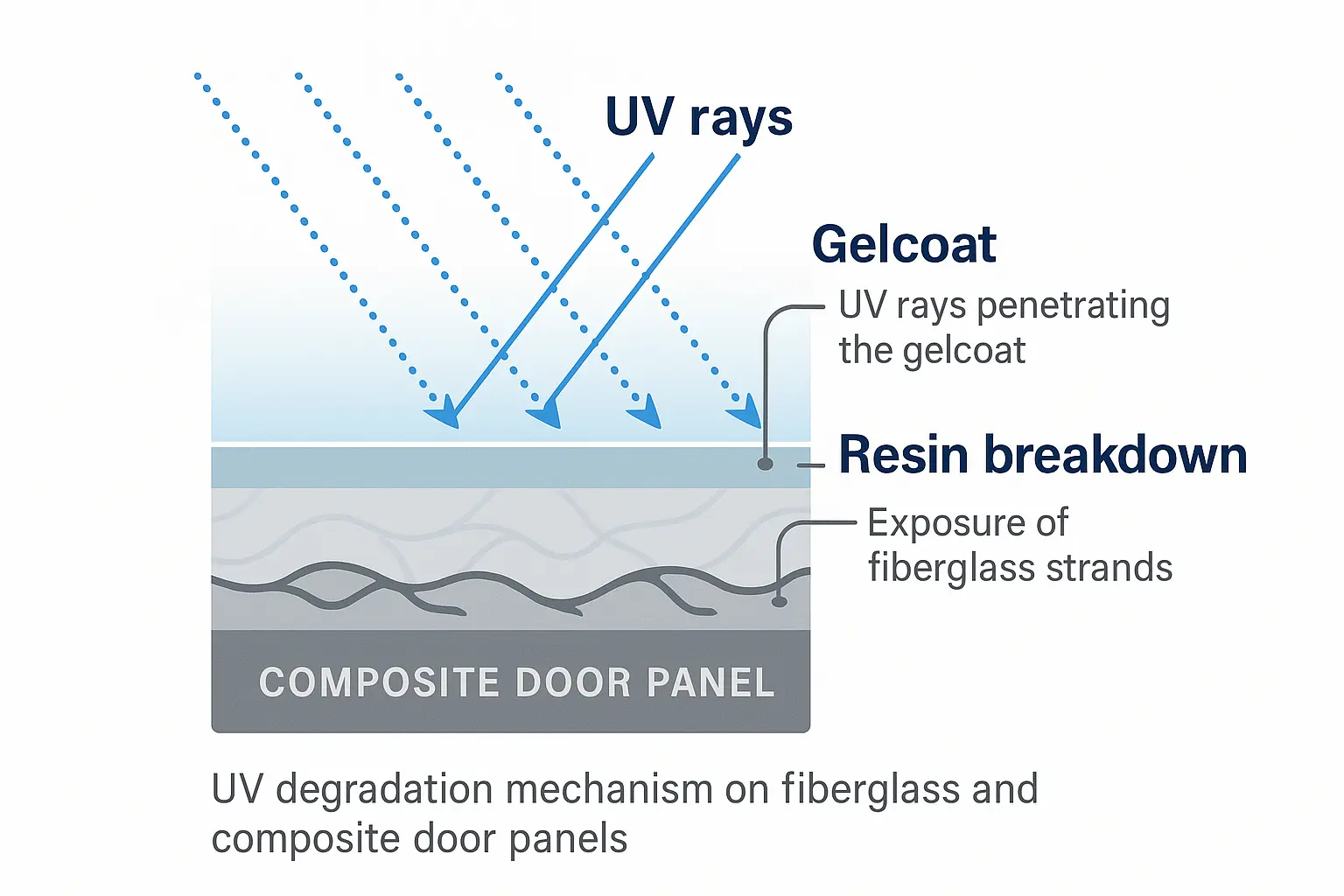 A visual guide showing three panels of a fiberglass garage door, representing Stage 1 (Loss of Gloss), Stage 2 (Color Fading/Chalking), and Stage 3 (Fiber Blooming/Brittleness).
