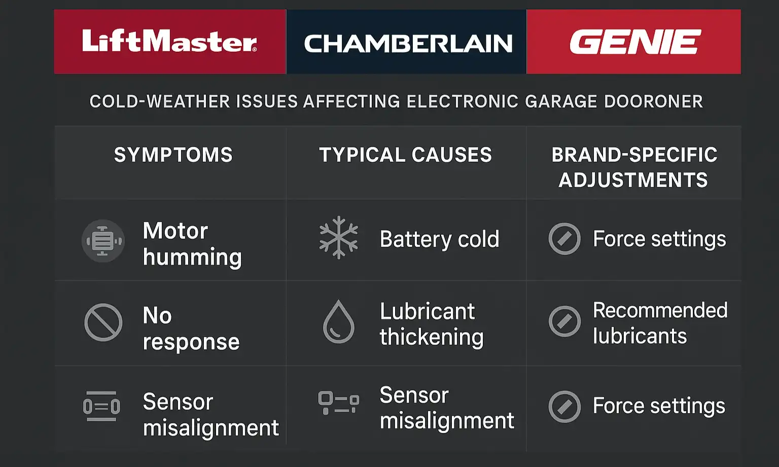Compare key cold-weather challenges and solutions for top garage door opener brands to select the right troubleshooting steps for your device.