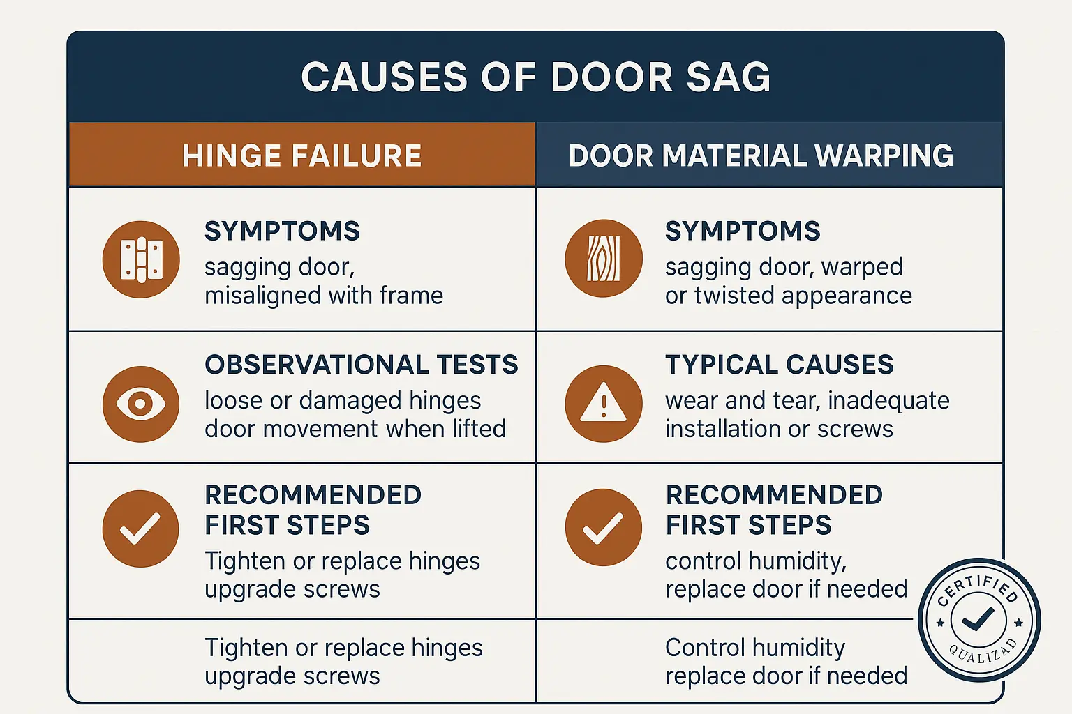 A comparison table showing the differences between a sagging door due to hinge failure and a warped door. On the left, 'Hinge Failure' shows symptoms like an uneven gap at the top, scrapes at the top corner, loose hinge screws, and the door wiggling. On the right, 'Door Warping' shows symptoms like inconsistent gaps on all sides, the door not sitting flush in the frame, multiple contact points, and a visible bow or twist in the door panel.