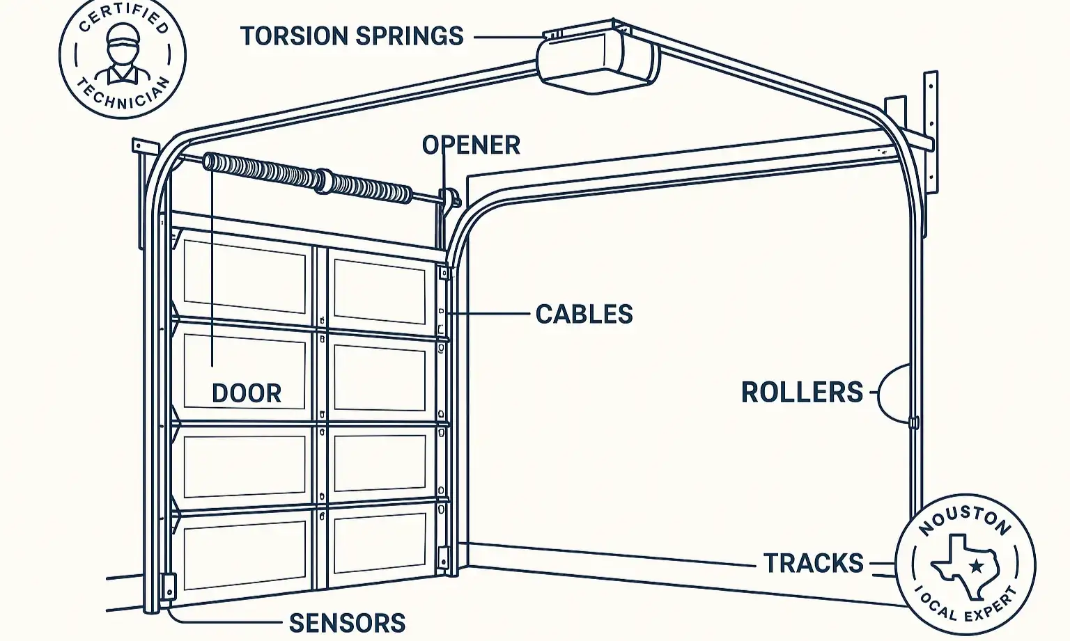 Labeled diagram shows key components of a residential garage door system.