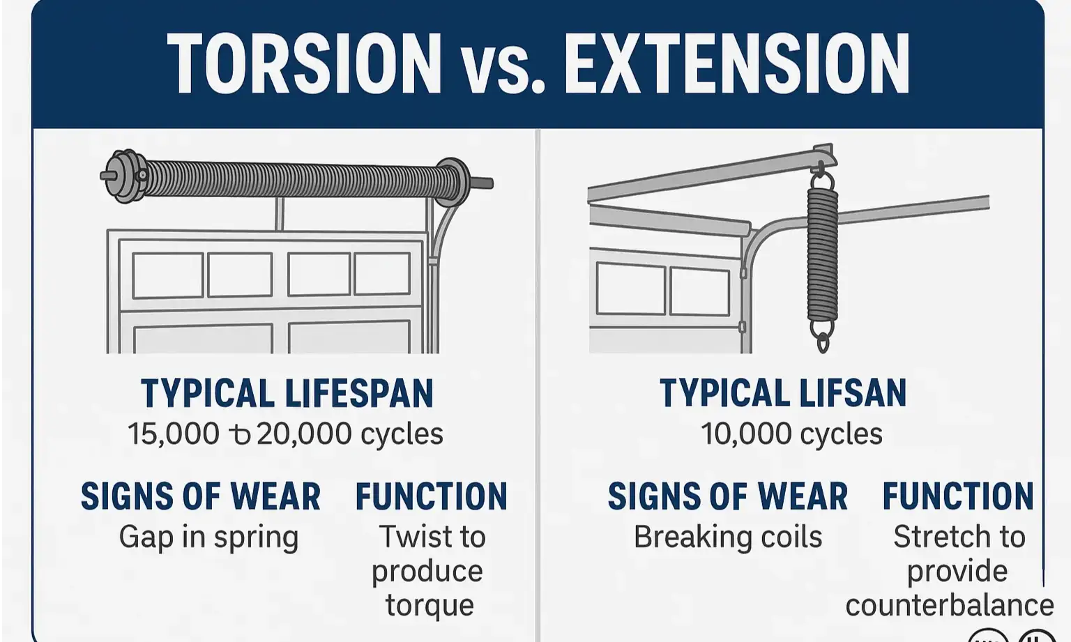Visual comparison of torsion vs. extension springs highlights key differences and maintenance needs.
