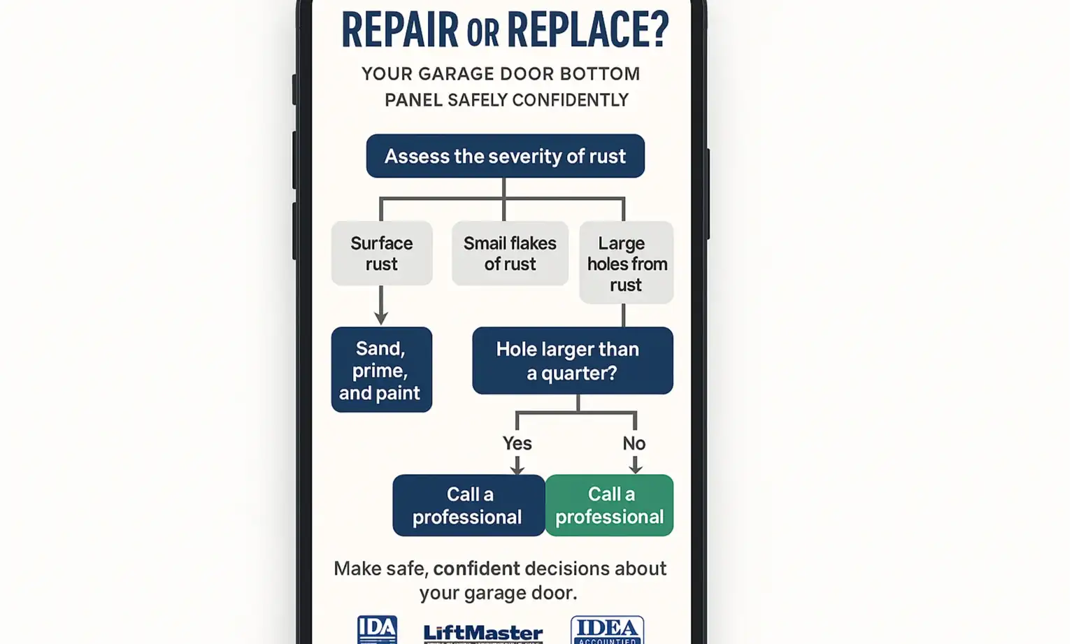 Simple flowchart to decide whether garage door bottom rust needs repair or full replacement.