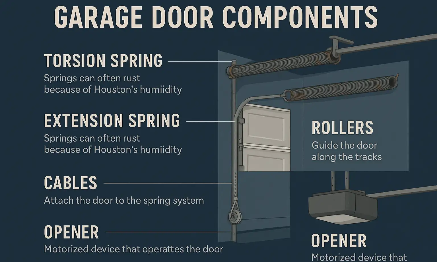 Diagram labeling key garage door parts: torsion springs, extension springs, cables, rollers, tracks, and opener.