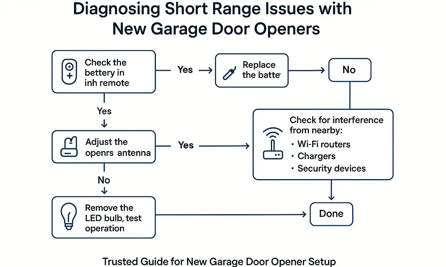 Flowchart to troubleshoot garage door opener remote range