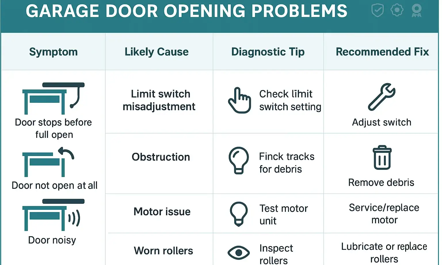 Chart linking garage door symptoms to likely causes