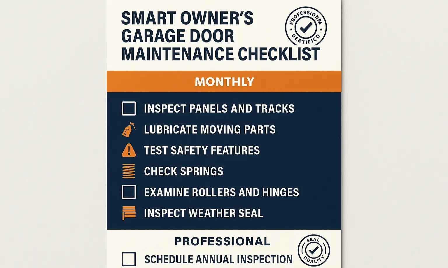 Checklist of key maintenance tasks for new or low-use doors, with DIY steps and timing for the first professional inspection.