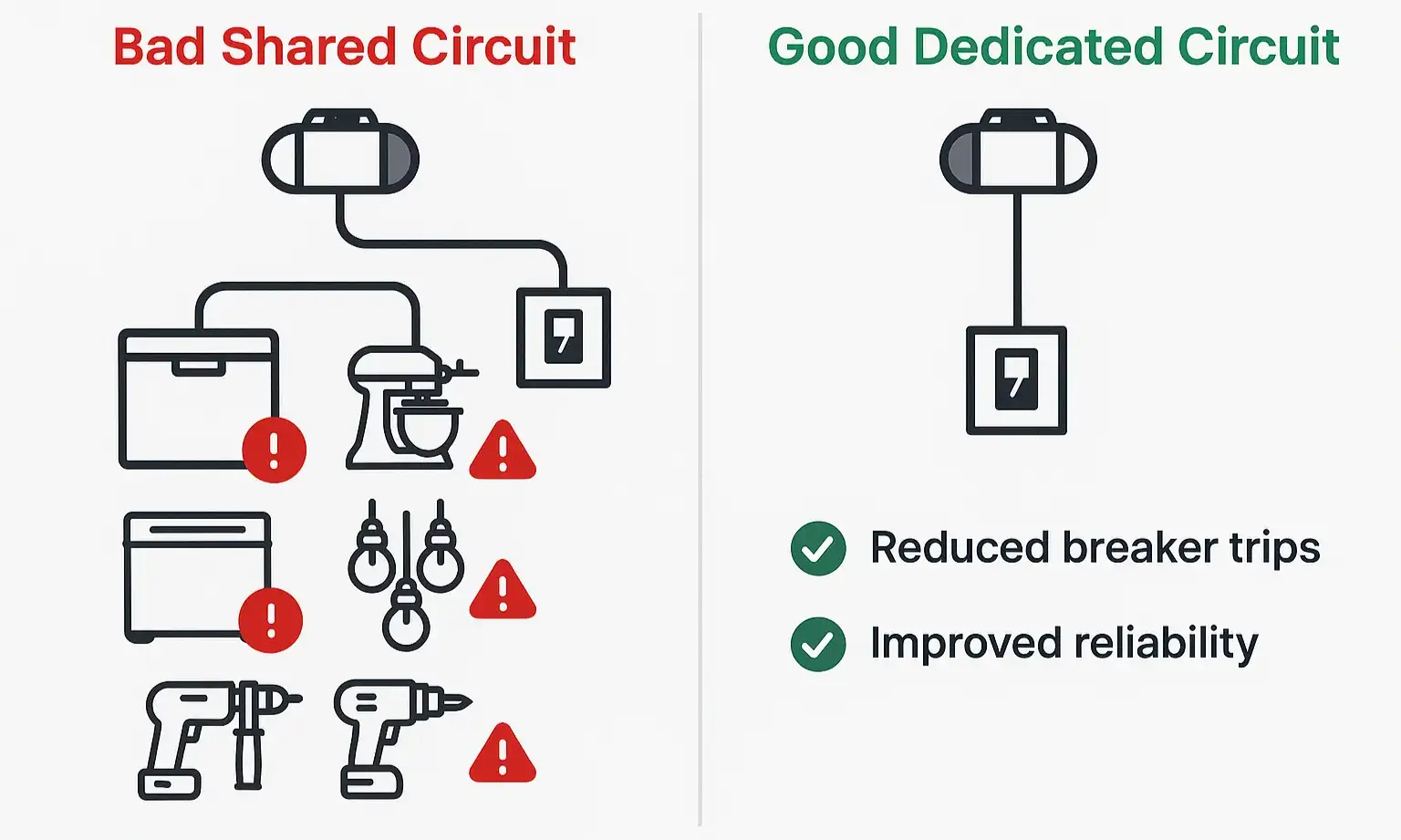 Side-by-side infographic comparing overloaded shared circuits with a reliable dedicated garage door opener circuit.