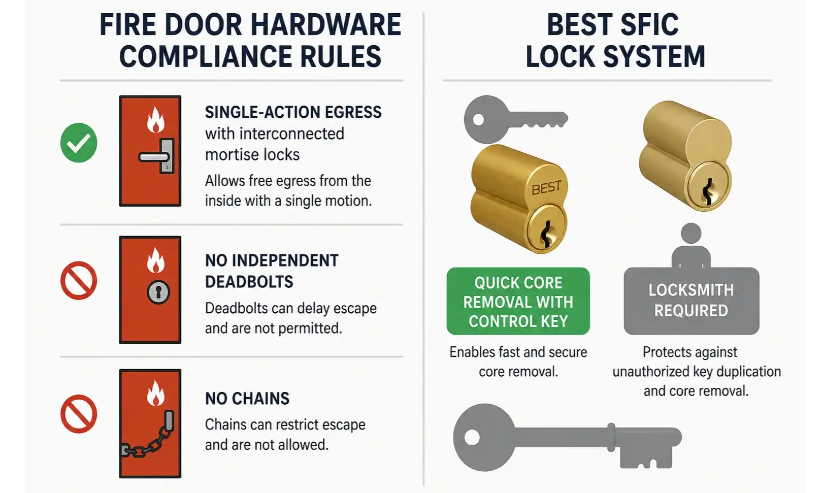 This infographic anchors key fire door hardware compliance concepts alongside the specialized BEST SFIC master key lock system, highlighting practical security and code adherence for emergency service doors.
