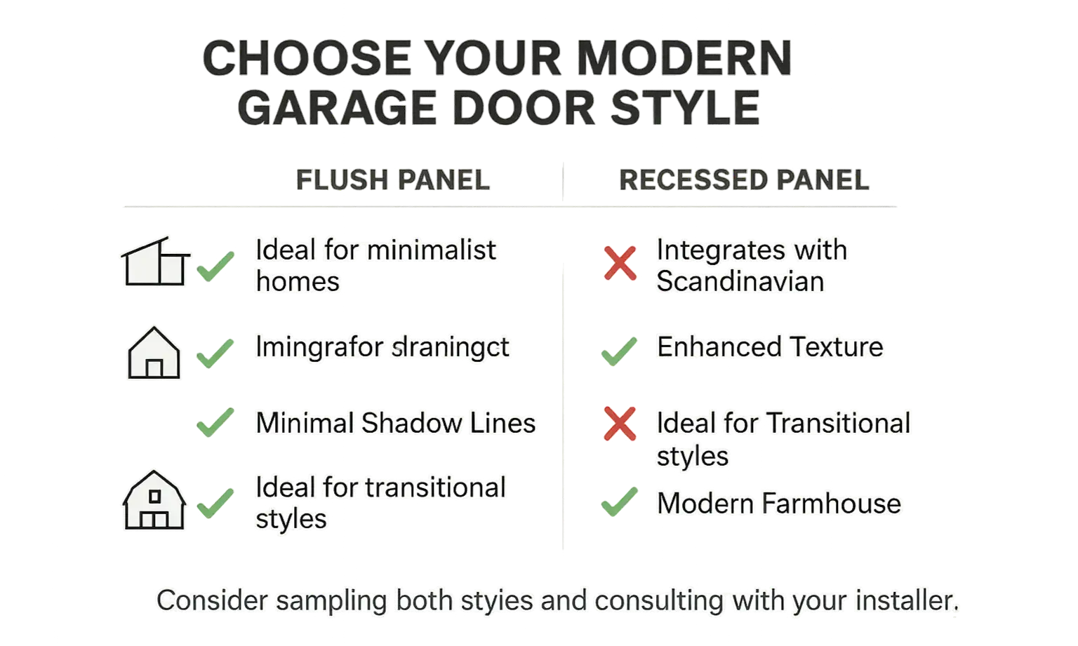 Use this decision checklist to quickly identify whether a flush panel or recessed panel garage door best suits your home's architectural style and design goals.