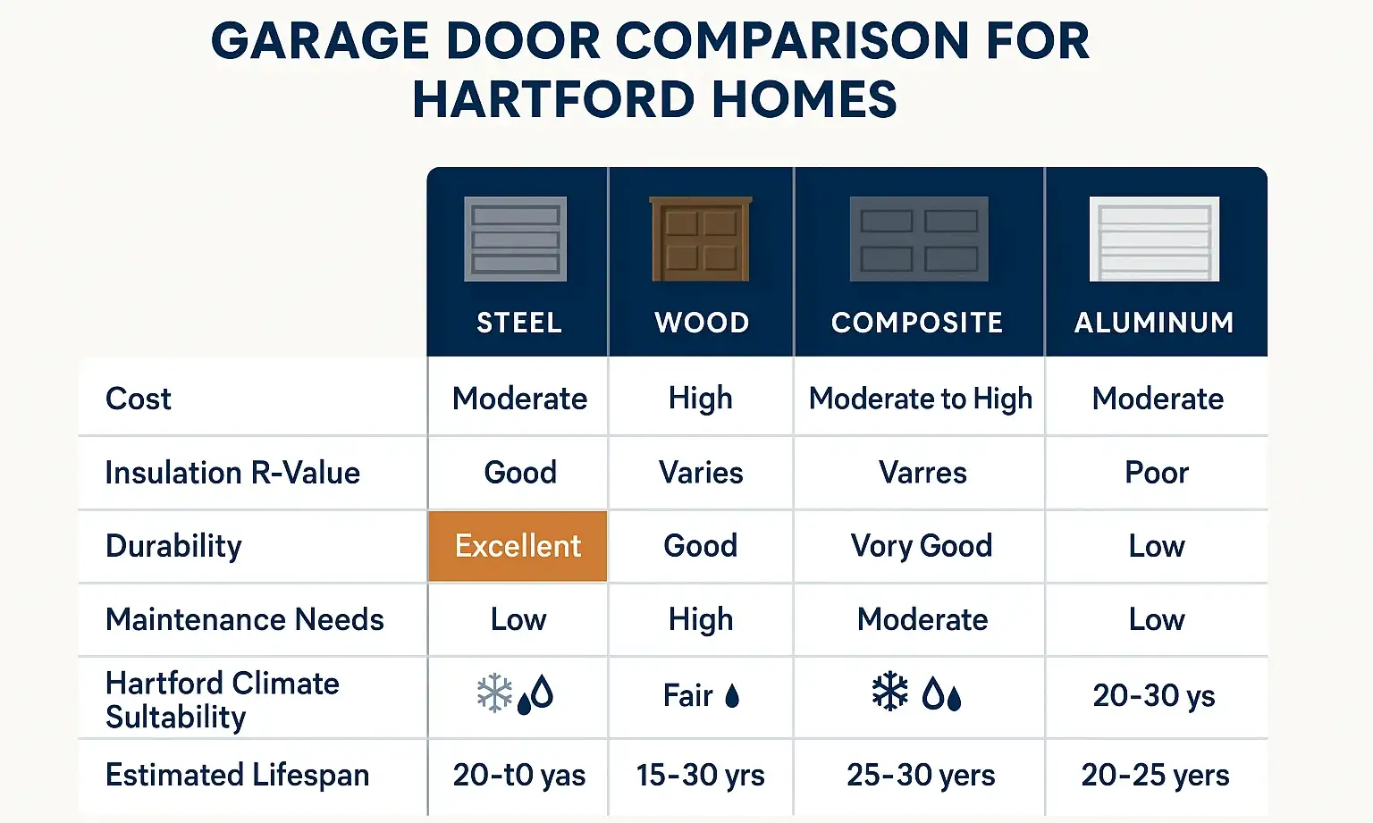 Garage door material comparison chart showing steel, wood, aluminum, and fiberglass pros, cons, and best uses for Hartford homes.