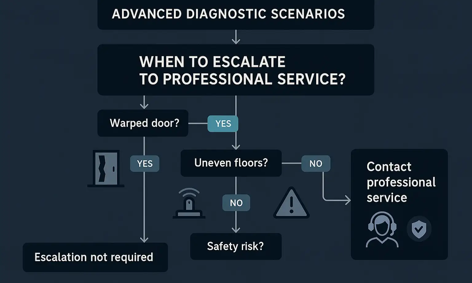 Advanced troubleshooting flowchart for doors that still reverse: check alignment, spring tension, or opener failure.