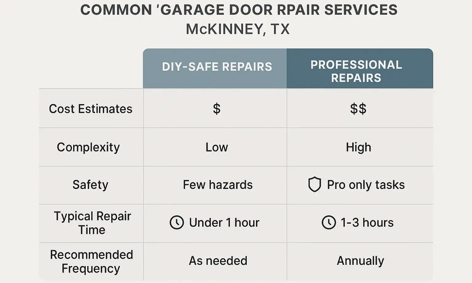 Easily compare garage door repair tasks by cost, complexity, and safety to decide when professional service is necessary.