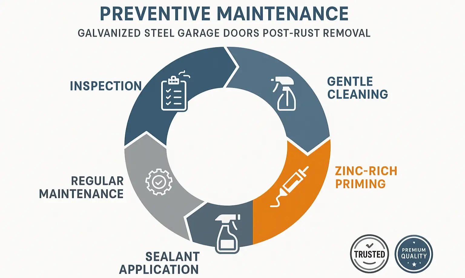Maintain your galvanized steel garage door’s protective barrier with this proven maintenance routine to extend its life and prevent rust.
