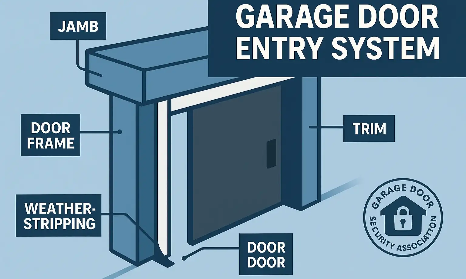 A labeled diagram showing the components of a garage door frame, including the jamb, weatherstripping, and trim.