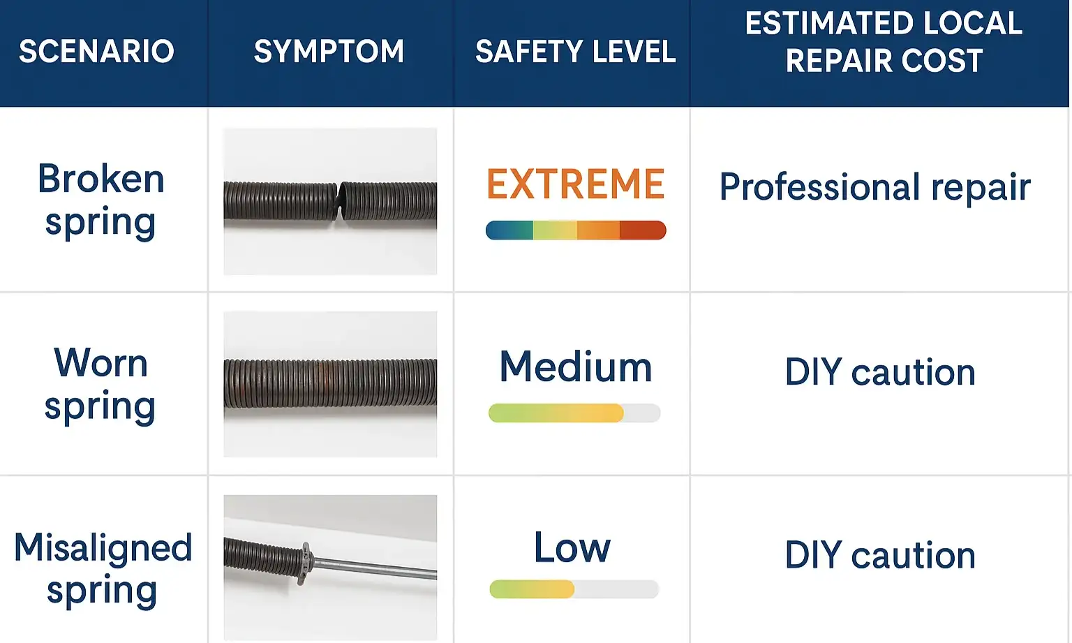 Infographic comparing garage door spring failures, safety risks, and typical repair costs in McKinney, TX.