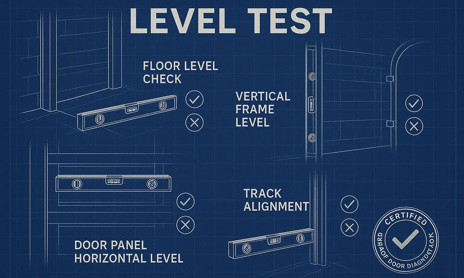 A diagram shows a homeowner using a level to check the vertical door jamb, the horizontal door panels, and the garage floor for squareness.