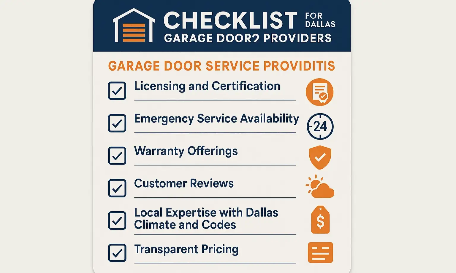 Clean checklist graphic with icons for insurance, licensing, local reviews, transparent pricing, experience, and emergency service.
