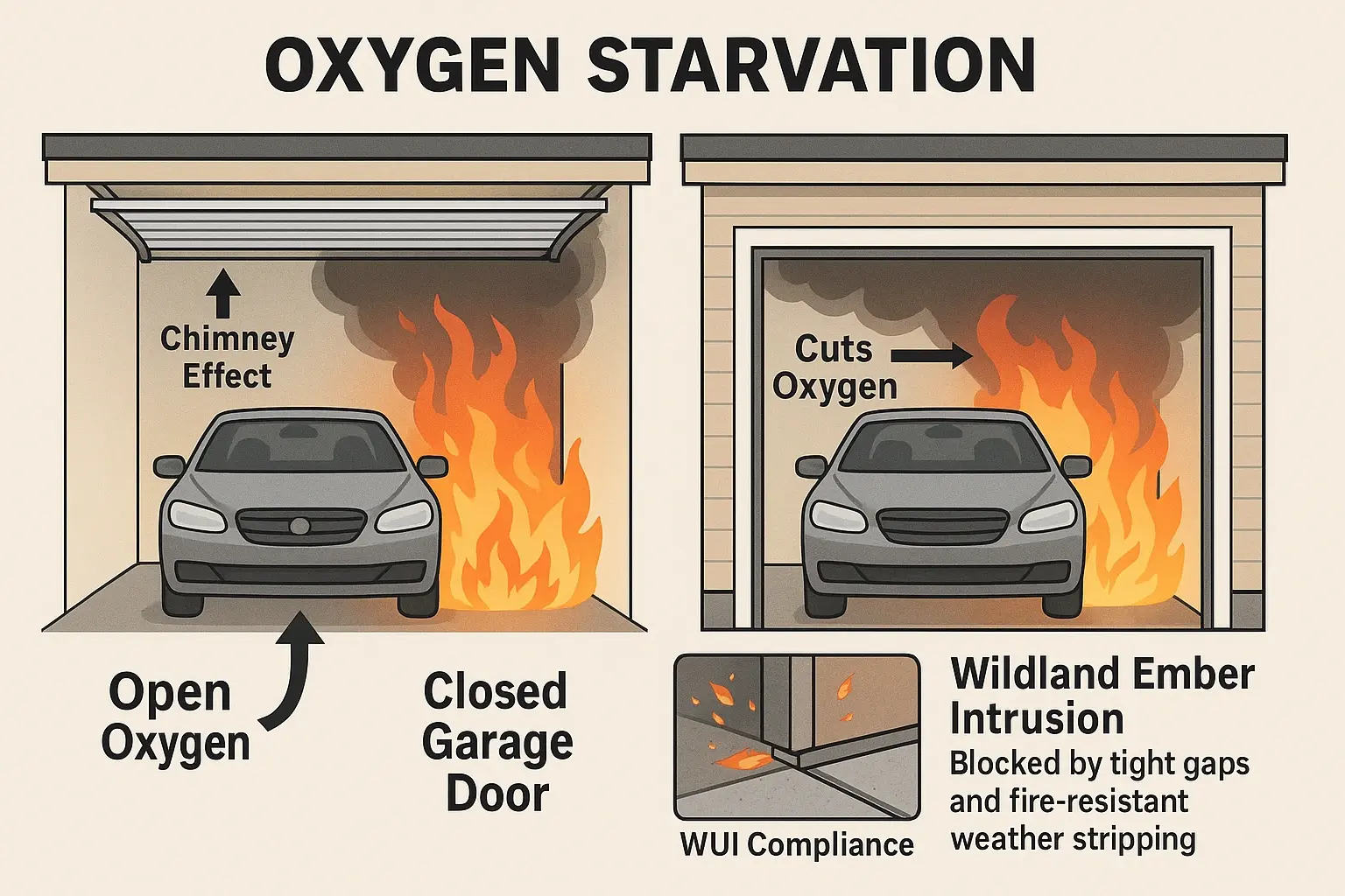 Understanding how a sturdy closed overhead garage door starves a garage fire of oxygen, halting fire spread and ember intrusion.