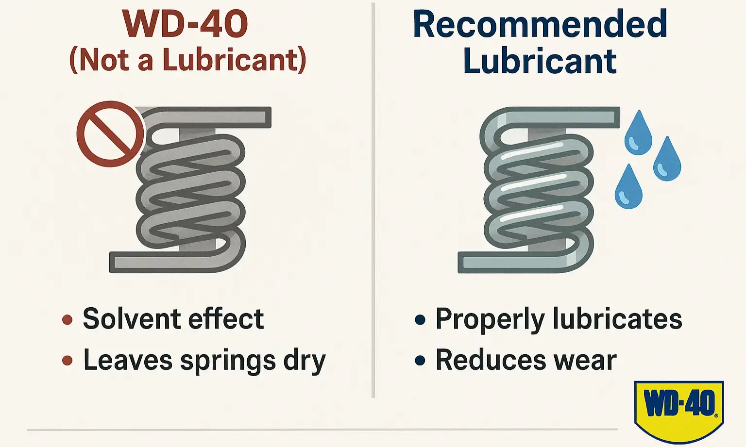 An image showing a can of WD-40 with a red 'X' over it next to a can of proper garage door lubricant.