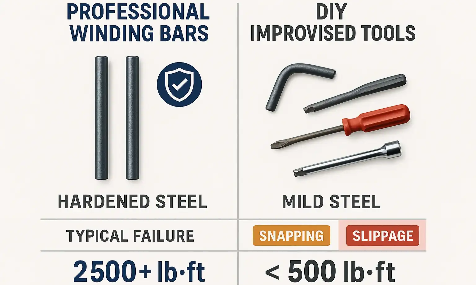 A side-by-side comparison of hardened steel professional winding bars next to bent and broken improvised tools like rebar and a large screwdriver.