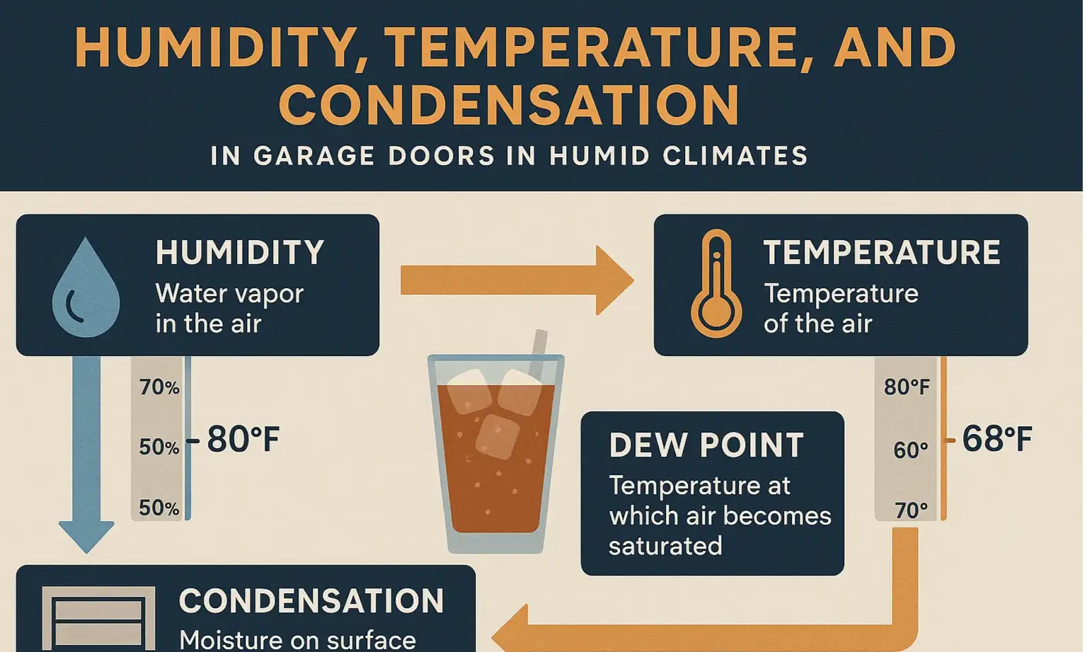 Diagram showing insulated vs uninsulated garage door condensation effects
