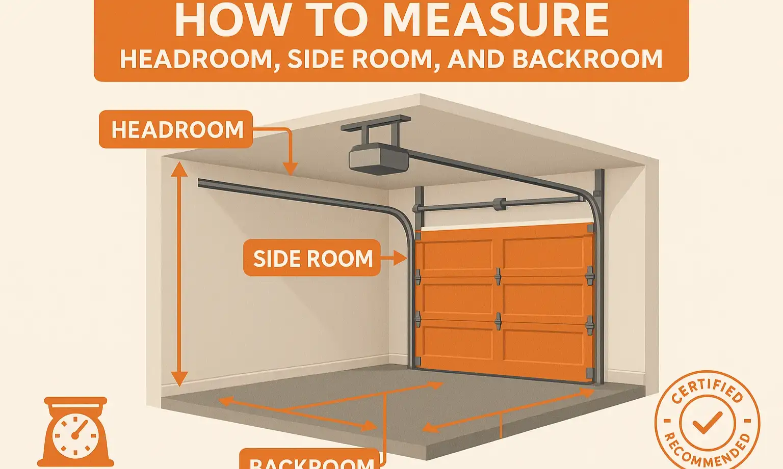 Accurately measure your garage’s headroom, side room, and backroom to determine the best opener solution with confidence.