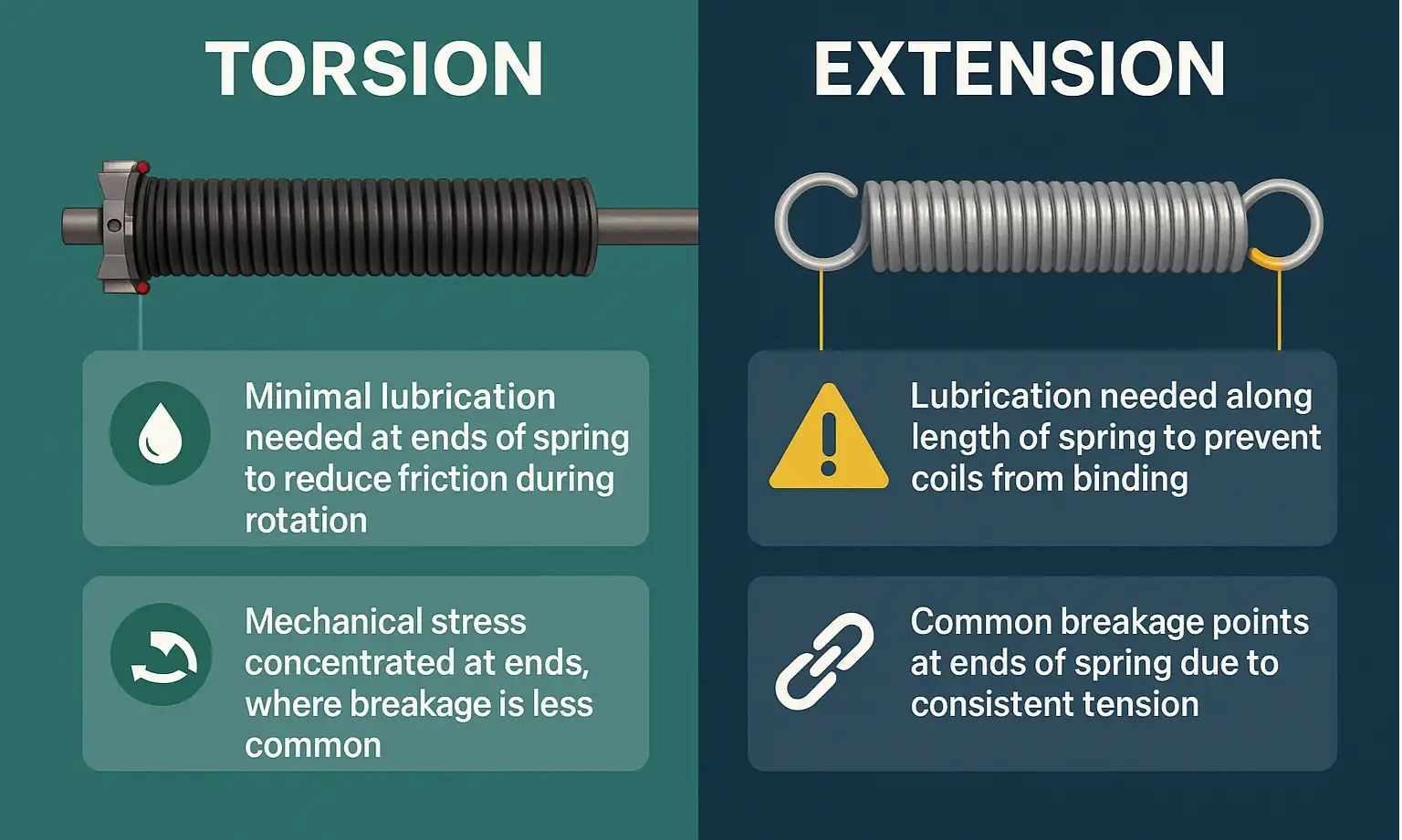 A diagram comparing a torsion spring system above the garage door with an extension spring system on the sides.